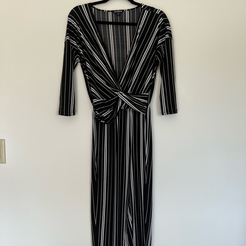 Express Long Sleeve Black and White Stripped Jumpsuit